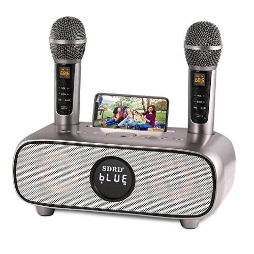 Karaoke Maschine,Bluetooth Karaoke Anlage für Erwachsene und Kinder, Tragbares PA-System mit 2 Mikrofonen,Lautsprecher mit Handyhalter/USB/TF-Karte/AUX-In,für Heimparty,Picknick,Outdoor/Indoor(Grau) von DLARA