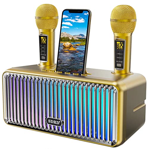 Karaoke Maschine für Erwachsene und Kinder, tragbare Bluetooth Lautsprecher mit 2 UHF drahtlose Mikrofone Karaoke Lautsprecher pa System mit bunten Farbverlauf LED-Leuchten für Home Partys-Gold von DLARA