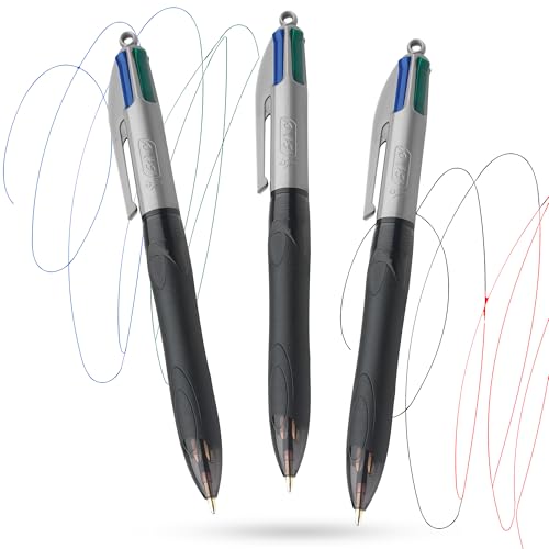 BIC 4 Color Grip Pro Pen Kunststoffschaft, 1,0 mm, Multi-Stift, vier Tintenfarben in einem, glattes Schreiben, Multi-Stift, 10,2 cm (4 Zoll), mit Clip und Loch für Umhängeband, für Studenten und von DLM Direct