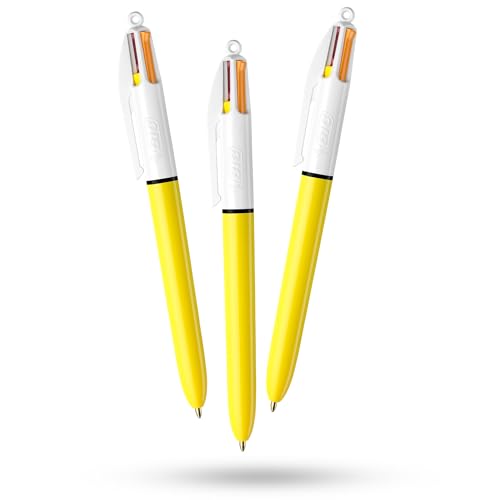 BIC 4-Farben-Sun-Stift, 3 Stück, einziehbar, gelbe Sonnenfarbe, Schaftdesign, mehrfarbiger Stift mit vier sortierten lebendigen Tinten, mehrfarbige Stifte, alles in einem, für Schule, Büro und BIC 4-Farben-Sun-Stift, 3 Stück, einziehbar, gelbe Sonnenfarbe, Schaftdesign, mehrfarbiger Stift mit vier sortierten lebendigen Tinten, mehrfarbige Stifte, alles in einem, für Schule, Büro und von DLM Direct