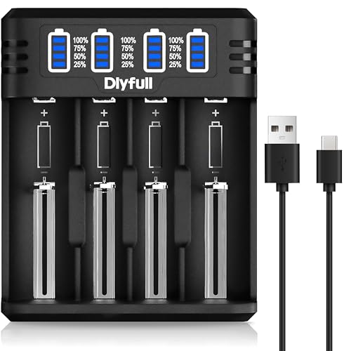 Dlyfull 18650 Ladegerät, 4 Fach Universal Akku Ladegerät mit LED Anzeige, Schnell USB-C Batterieladegerät für 18650 21700 17500 16340 26650 AA AAA C 3,7V Li-Ion Akkus 1,2V NI-MH/NI-CD Batterie von DLYFULL