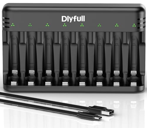 Dlyfull Ladegerät Batterien AAA AA, 8 Fach Akku Ladegerät für NI-MH/NI-CD Mignon AA und Micro AAA mit LED Anzeige, 5V/2A USB-C Schnell Batterieladegerät für Wiederaufladbaren Batterien (Schwarz) von DLYFULL