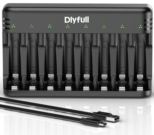 Dlyfull Batterieladegerät, 8 Fach Akku Ladegerät für NI-MH/NI-CD Mignon AA und Micro AAA mit LED Anzeige, 5V/2A USB-C Schnell Ladegerät Batterien AAA und AA für Wiederaufladbaren Batterien, Schwarz von DLYFULL