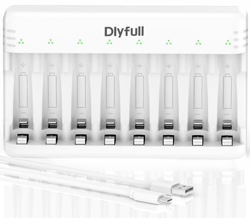 Dlyfull Ladegerät Batterien AAA AA, 8 Fach Akku Ladegerät für NI-MH/NI-CD Mignon AA und Micro AAA mit LED Anzeige, 5V/2A USB-C Schnell Batterieladegerät für Wiederaufladbaren Batterien (Weiß) von DLYFULL