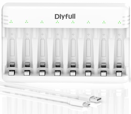 Dlyfull Batterieladegerät, 8 Fach Akku Ladegerät für NI-MH/NI-CD Mignon AA und Micro AAA mit LED Anzeige, 5V/2A USB-C Stromsparen und Energieeinsparung Ladegerät für Wiederaufladbaren Batterien, Weiß von DLYFULL