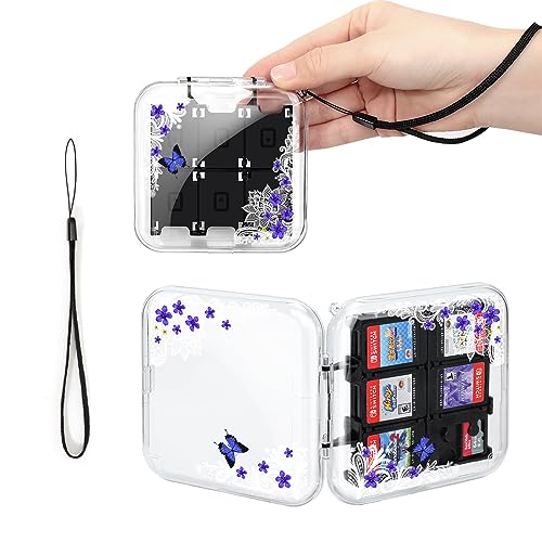 DLseego Game Card Aufbewahrungsbox für Switch Game Card,Transparente Switch Spiel Aufbewahrungsbox mit 12 Spielefächern und 2 SD-Kartenfächern,Mit Handschlaufe,Spitze Schmetterling von DLseego