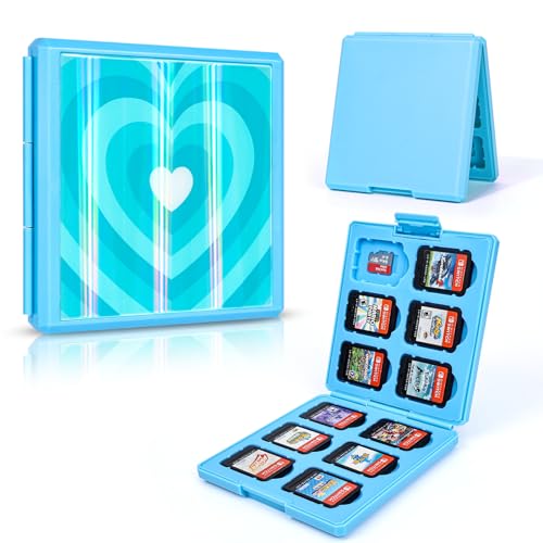 DLseego Game Card Aufbewahrungsbox für Switch Game Card,mehrfarbige Herzabdeckung Switch Spiele aufbewahrung mit 12 Game Card Slots und 17 Micro SD Card Slots-Hellblaues Herz von DLseego