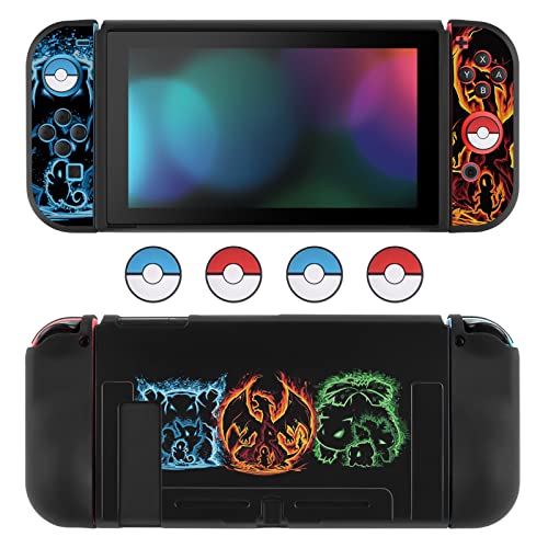 DLseego Schutzhülle Kompatibel mit Switch, Dockbare weiche TPU-Abdeckung mit 4 Daumengriffkappen, Kratzfeste Stoßdämpfung Zubehör für Switch Konsole&Joycons Controller,DREI Elfen von DLseego