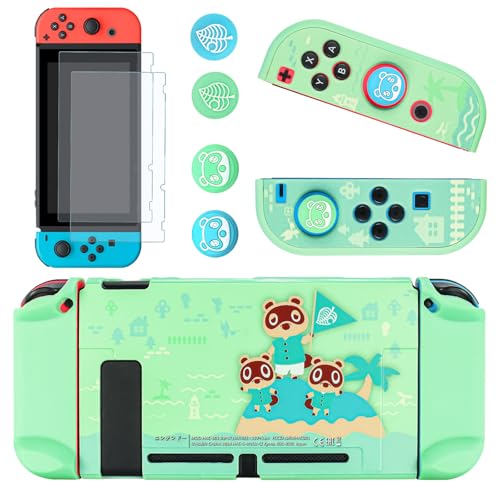 DLseego Schutzhülle Kompatibel mit Switch, Hard Hülle Schale Kratzfeste, Stoßfeste Abdeckung Case mit 2 Schutzfolie und 4 Joystick Kappen für Switch Konsole und Joy Con - Grün von DLseego