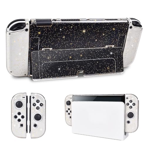 DLseego Schutzhülle Kompatibel mit Switch OLED-Konsole,Stoßfest & Kratzfest,Weich TPU Griff Case und Harte PC-Rückseite für Nintendo Switch OLED-Modell 2021, Glitzer Andockbare mit Flip Shell, Gold von DLseego