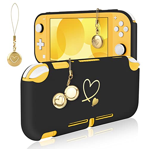 DLseego Schutzhülle für Switch Lite,Weiche Goldenes Herz Switch Lite Cover stoßfest Anti-Kratzer Gestaltung Schale mit 1PC Blinzeln Messing Liebe Charme für Handheld-Schwarz von DLseego