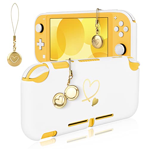 DLseego Schutzhülle für Switch Lite,Weiche Goldenes Herz Switch Lite Cover stoßfest Anti-Kratzer Gestaltung Schale mit 1PC Blinzeln Messing Liebe Charme für Handheld-Weiß von DLseego