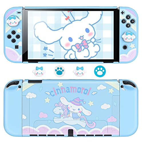 DLseego Schutzhülle für Switch OLED, Komfortable PC Slim Case Kompatibel mit Nintendo Switch OLED Konsole und Joy-Con Cover mit 4 Niedlichen Silikon-Daumengriffkappen – Blau (Cinnamoroll Dog) von DLseego