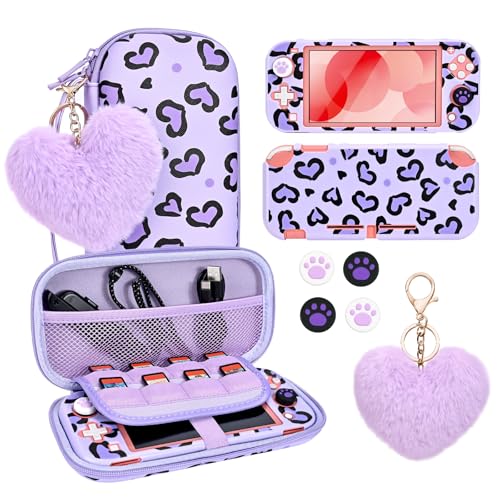 DLseego Tragetasche Kompatibel mit Switch Lite,Leopardenmuster und Herzmotiv Carry Case,Switch Lite Tasche mit Switch Lite Hülle,4 Joystick Caps und 1 Plüsch Herz Charme,Lila von DLseego
