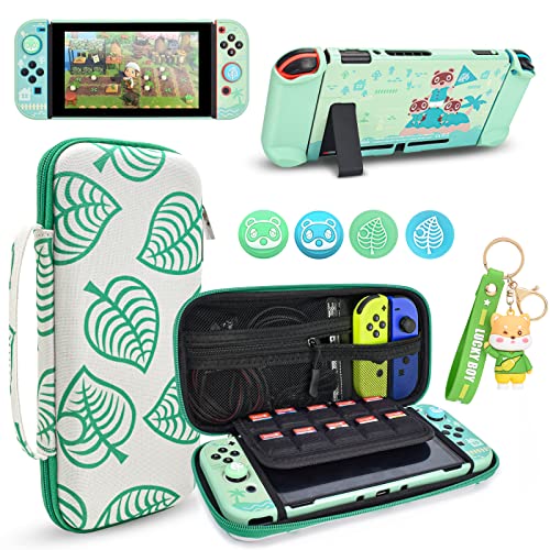 DLseego Tragetasche für Nintendo Switch, Zubehör Bundle für Switch Konsole mit Dockable Hart Cover Animal Crossing Hülle und Daumengriffkappen und Bär Charms - Grün von DLseego