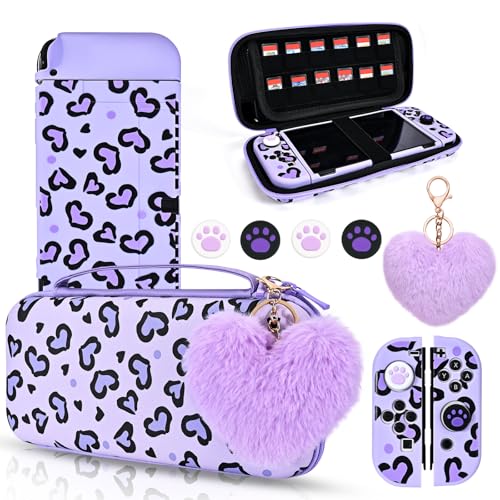 DLseego Tragetasche nur für Switch OLED, Heart Print Switch OLED Tasche und Weiche Switch OLED Hülle, mit 4 Switch Joystick Kappen und 1 Plüsch Herz Charme,Lila Switch OLED von DLseego