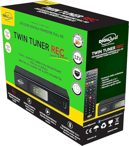 Digiquest Twin Tuner Rec Receiver DVB-T2 HEVC H.265 Chipsatz, Dual Terrestrischer Tuner, Full HD FTA, USB, HDMI, SCART, Ethernet LAN RJ-45, programmierbare Fernbedienung, Schwarz, Metall von DM-DIGITAL