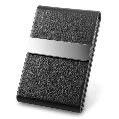 DMFLY Business Card Holder Case - PU Leather Business Card Case Name Card Holder Slim Metal Pocket Card Holder with Magnetic Shut, Black von DMFLY
