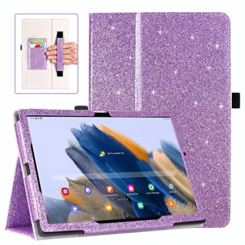 DMLuna Hülle für Samsung Galaxy Tab A8 10.5 Zoll 2022 SM-X200/X205/X207, Slim PU Leder Cover Folio, mit Klappständer, Auto Wake/Sleep, Handschlaufe, Kartenfächer, Glitzer Lila von DMLuna