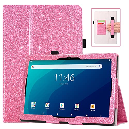 DMLuna Schutzhülle für Onn 10.1 Tablet Pro (Modell: 100003562) 2020 Release, Folio Premium Leder Cover Stand Case mit Handschlaufe und Kartenfach Halter (nicht passend für 10.1 Tablet), Glitzer Pink von DMLuna