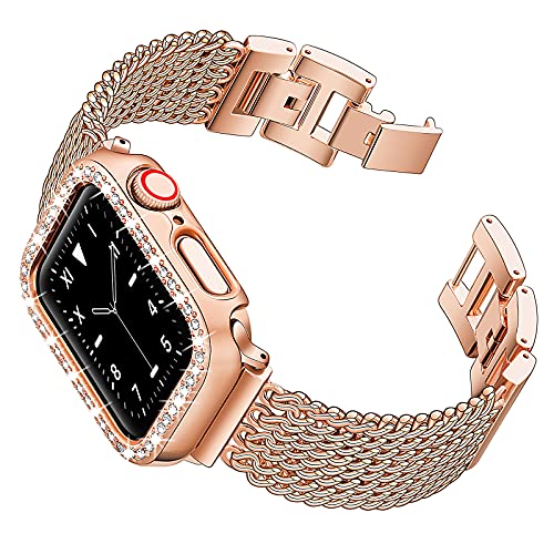DMMG Kompatibel mit Apple Watch Armband 38/40/42/44 mm, Roségold, für Damen und Mädchen, elegantes, modisches Edelstahl-Armband mit Metallkette, glitzernde Schutzhülle für Serie 6/5/4/3/2/1/SE (42 mm) von DMMG