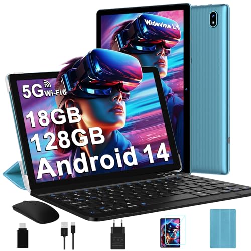 DMOAO Tablet 10 Zoll Android 14 mit 5G WLAN 6, 18 GB RAM + 128 GB ROM(TF 1TB), Widevine L1, Octa-Core, BT 5.0, Face ID, FHD 1280 * 800 IPS, 6000 mAh, 2 in 1 Tablet mit Tastatur + Maus, Blau von DMOAO
