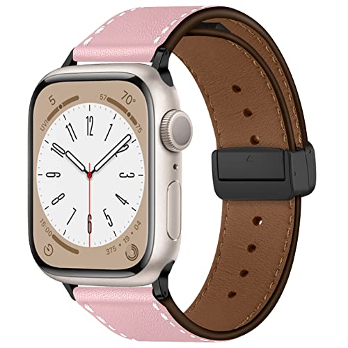 DMVEIMAL Leder Band für Apple Watch Armband 40mm 41mm 38mm 44mm 45mm 49mm 42mm Damen/Herren, Echtes Leder Magnetisch Armbänder für Apfelband iWatch Series 9/8/7/6/5/4/3/2/SE/Ultra/2 Strap,Rosa von DMVEIMAL