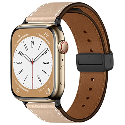 Leder Band für Apple Watch Armband 49mm 45mm 44mm 41mm 40mm 38mm 42mm Damen/Herren, Echtes Leder Magnetisch Ersatzarmband für Apfelband Armbänder iWatch Series 9/8/7/6/5/4/3/2/SE/Ultra/2,Khaki von DMVEIMAL