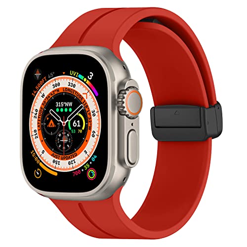 Magnet Armband für Apple Watch Armband 40mm 41mm 38mm 44mm 45mm 42mm Herren/Damen,Weich Sport Silikon Band für Apfelband iWatch Series 9/8/7/6/5/4/3/2/SE/Ultra/2 49mm,Rot von DMVEIMAL