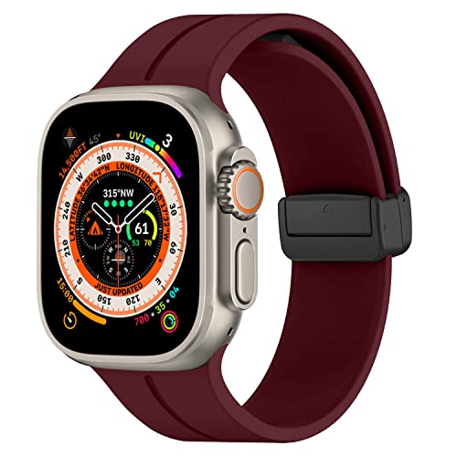 Magnet Armband für Apple Watch Armband 40mm 41mm 38mm 44mm 45mm 42mm Herren/Damen,Weich Sport Silikon Band für Apfelband iWatch Series 9/8/7/6/5/4/3/2/SE/Ultra/2 49mm,Weinrot von DMVEIMAL
