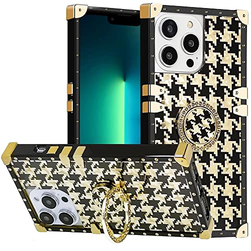 DMaos iPhone 12 pro Hülle mit Ring, iPhone 12 Hülle für Frauen, Gold Wunderschöner Strass Bling Diamant Ständer, Premium für iPhone12 Pro 6.1'' - Hahnentritt von DMaos