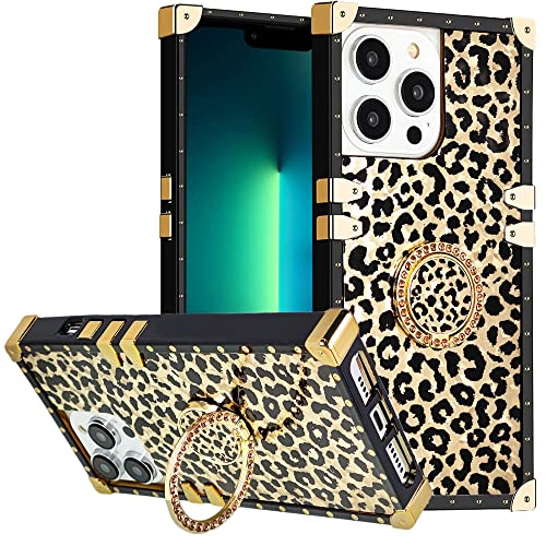 DMaos iPhone 15 Plus Hülle mit Ring für Damen, Gold Wunderschöner Strass Bling Diamant Ständer, Premium für iPhone15 Plus 6.7'' - Leopard von DMaos