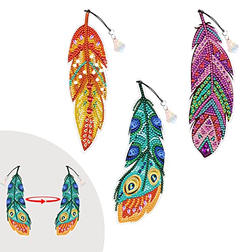 Diamond Painting Lesezeichen Feder 5D Diamant Malerei Set Kinder 3 STK Doppelseitige Diamond Bookmark mit Kristall-Anhänger DIY Handgemachte für Kunsthandwerk Geschenk von DNGH