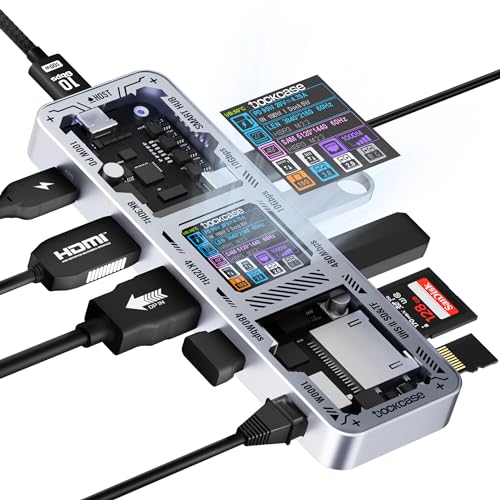 DOCKASE Smart USB-C Hub 10-in-1 Explorer Edition, Dual 4K@60Hz Display, PD 3.0 100W, RJ45 Ethernet, 2 USB 3.2, 2 USB 2.0, UHS-II SD/TF Card Reader, USB C Dock (Glänzendes Silber) von DOCKCASE