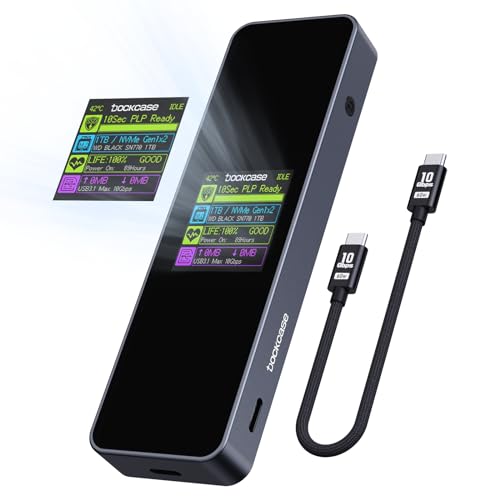 DOCKCASE Smart SSD Gehäuse - 10s Stromausfallschutz, NVMe M.2 Gehäuse mit Echtzeit-SSD-Gesundheitserkennung, Zwei Type-C-Anschlüsse USB-C 3.2 Gen 2 (10Gbps) für NVMe SSDs bis zu 4TB Schwarz von DOCKCASE