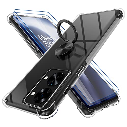 DOCOO Hülle Ringhalter Kompatibel mit OnePlus Nord 2T 5G, Crystal Clear Handyhülle Silikon Vier Ecken Anti-Fall TPU Case 360 Grad Ständer Schutzhülle - Schwarzer Ring von DOCOO