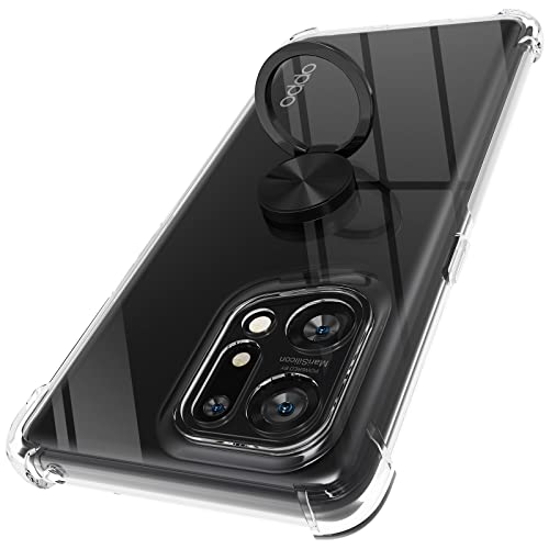 DOCOO Hülle Ringhalter Kompatibel mit Oppo Find X5 Pro 5G, Crystal Clear Handyhülle Silikon Vier Ecken Anti-Fall TPU Case 360 Grad Ständer Schutzhülle - Schwarzer Ring von DOCOO