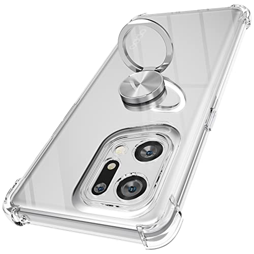 DOCOO Hülle Ringhalter Kompatibel mit Oppo Find X5 Pro 5G, Crystal Clear Handyhülle Silikon Vier Ecken Anti-Fall TPU Case 360 Grad Ständer Schutzhülle - Silberner Ring von DOCOO