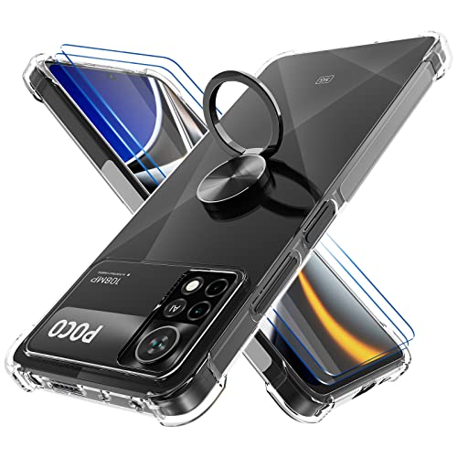 DOCOO Hülle Ringhalter Kompatibel mit Xiaomi Poco X4 Pro 5G, Crystal Clear Handyhülle Silikon Vier Ecken Anti-Fall TPU Case 360 Grad Ständer Schutzhülle - Schwarzer Ring von DOCOO