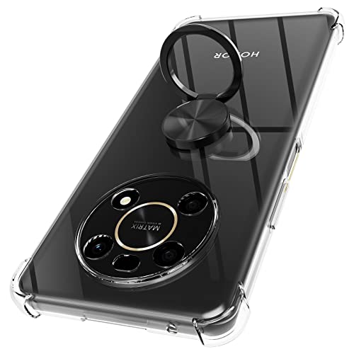Hülle Ringhalter Kompatibel mit Honor Magic 4 Lite 5G / 4G, Crystal Clear Handyhülle Silikon Vier Ecken Anti-Fall TPU Case 360 Grad Ständer Schutzhülle - Schwarzer Ring von DOCOO