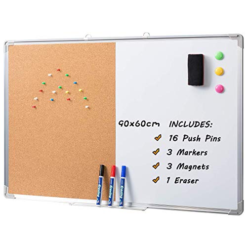 DOEWORKS Kombitafel Kork-Pinnwand mit Aluminiumrahmen Magnetisches Whiteboard Kombinations-Whiteboard Korkwand 90 * 60cm von DOEWORKS