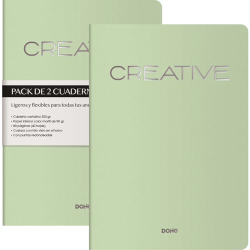 DOHE - Notizbuch A4, innen glatt (2 Stück), Größe 21 x 29,7 cm, 40 Blatt (80 Seiten), 90 g/m², für Notizen, Organisation oder Zeichnen, weicher flexibler Einband, Grün von DOHE