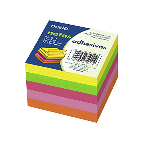 DOHE -Würfel mit wieder abziehbaren Haftnotizen. Neonfarben. Würfel mit 400 Blatt. Papiergewicht 75 g. Ideal für Büro und Schule. von DOHE