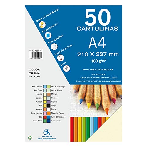Dohe - A4-Karton, cremefarben, für Bastel- und Druckarbeiten (50 Stück) - 21 x 29,7 cm - 180 g/m² - Büromaterial von DOHE