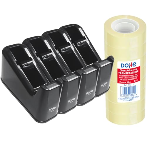 Dohe Packung mit 4 Spender-Klebebändern und 8 Klebebändern (19 mm x 33 m) - robuste Materialien, leicht schneidbare Klinge, rutschfeste Unterseite - Büromaterial - Schwarz von DOHE