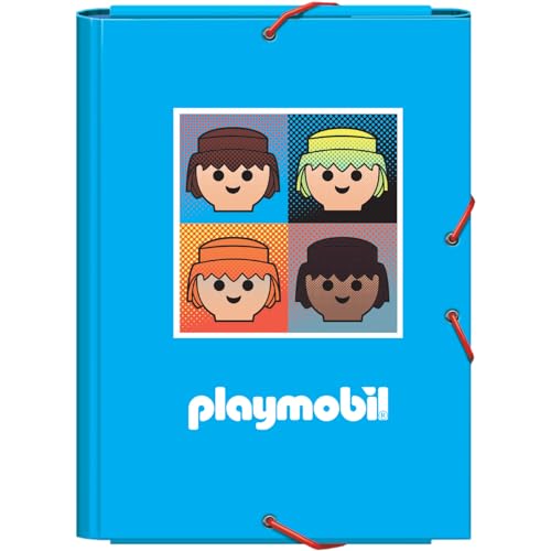 Dohe - Schulmappe mit Klappen und Gummibändern - Foliogröße 26,5 x 35 cm, Kapazität 100 Blätter, fester Kartondeckel, Schulmappe, Schulmaterial - Playmobil Core - Blau von DOHE