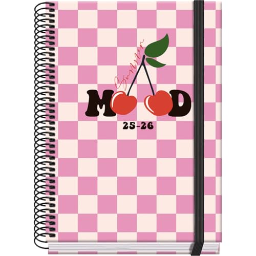Dohe - Schulplaner 2025 2026 - Ein Tag pro Seite, Größe A5 (15x21 cm), Spanisch und Englisch, September bis Juni, Spiralbindung und Gummiband, Harter Einband, 4 Stickerseiten - PRIME Cherry von DOHE