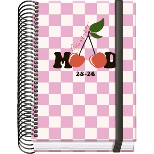 Dohe - Schulplaner 2025 2026 - Ein Tag pro Seite, Größe A6 (12x17 cm), Spanisch und Englisch, September bis Juni, Spiralbindung und Gummiband, Harter Einband, 4 Stickerseiten - PRIME Cherry von DOHE