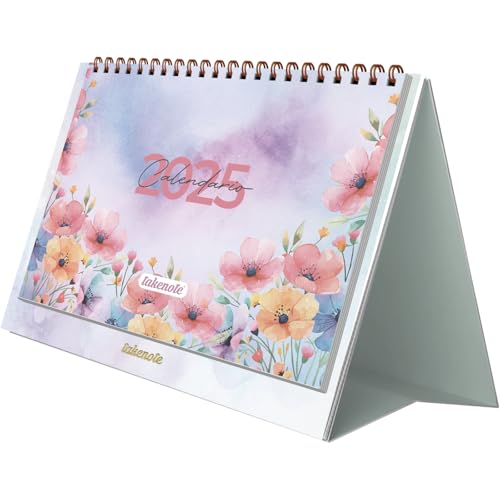 Kalender 2025 Tisch - Monatlich Januar bis Dezember, Spanisch und Englisch, Größe 21,5 x 15,5 cm, Mit monatlichen und jährlichen Planungen, Doppel-Wire’o-Ringbindung - Takenote Amapola von DOHE