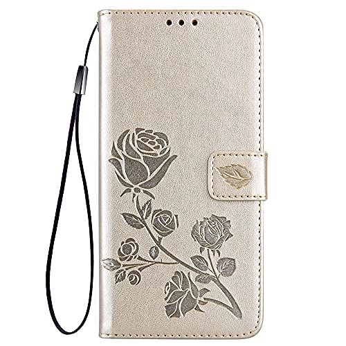 DOINK Geprägte Rose Hülle für Samsung Galaxy A22 (4G Edition), Klapp Handyhülle TPU+PU Leder Schutzhülle Case Cover Kartenschlitz Geldbörse - Gold von DOINK